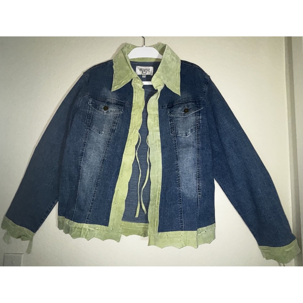 Cervelle Women's Large Jean Jacket Vintage Suede Trim Scalloped‎ Hem Boho Denim